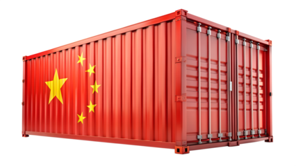 Red shipping container with the flag of china isolated on transparent background, representing global trade and logistics
