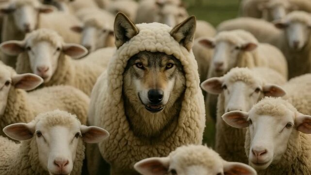 Wolf in sheep's clothing looking menacingly at the camera