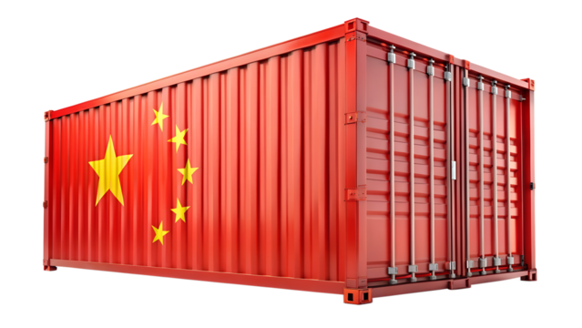 Red shipping container with the flag of china isolated on transparent background, representing global trade and logistics