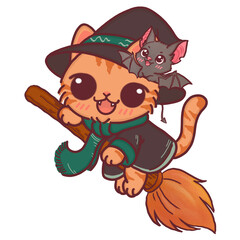 Cute Halloween Cat Wizard, Happy Kitten Flying on a Magic Broom