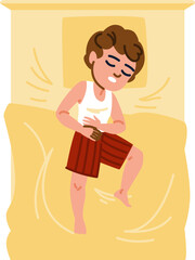 Young man sleeping in bed and having stomach ache