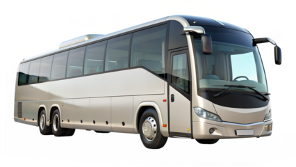 Modern silver bus for passenger transportation isolated on transparent background, offering comfortable travel experience