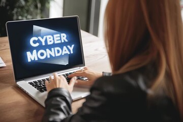 Woman looking at laptop screen with Cyber ​​Monday written on it