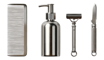 Metallic Grooming Tools Set on Isolated Transparent Background