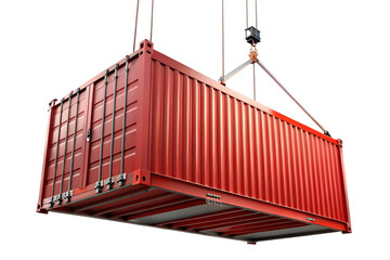 Red cargo container hanging on crane isolated on transparent background for shipping and freight concept