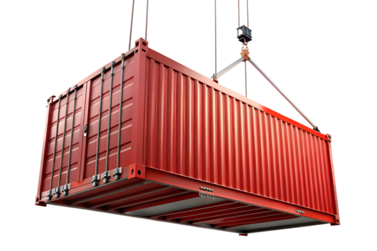 Red cargo container hanging on crane isolated on transparent background for shipping and freight concept