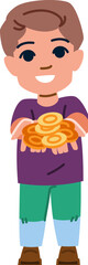 Smiling boy offering stack of golden coins, investment in future