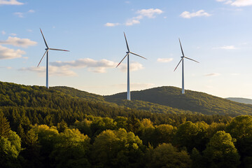 Peaceful landscape with green forest and modern wind turbines on sunny hills under clear sky, eco-friendly energy concept in harmony with nature.