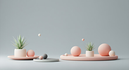 Fototapeta premium Minimalist Studio Scene with Pastel Trays, Geometric Spheres, and Green Plants on a Grey Background
