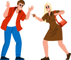 Angry couple arguing and fighting raising hands and pointing fingers