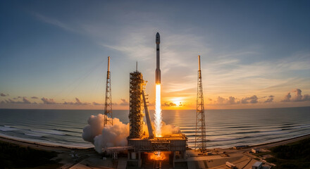A falcon nine rocket launches into the sky at sunrise from cape canaveral, florida, with the ocean in the foreground and the sun rising on the horizon
