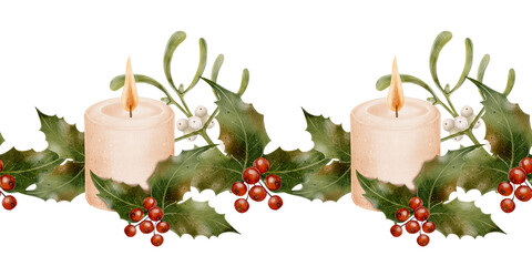 Hand drawn watercolor illustration of burning candles with holly leaves, red berries, mistletoe. Seamless festive border on white background. Great for cards, invitations, packaging, holiday decor. © Alona