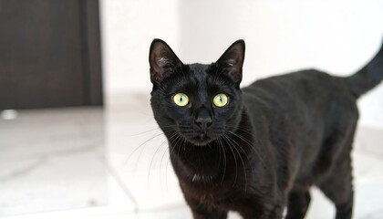 A black cat with bright green eyes stands on a tiled floor, looking directly at the camera
