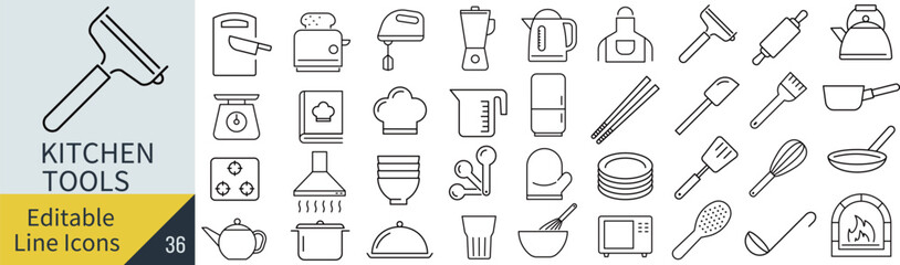 線の編集ができるキッチンツールに関するアイコンセット（アウトライン化していない）
