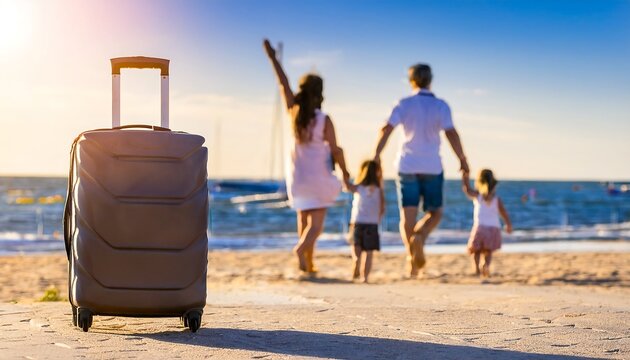 A suitcase placed on the sandy beach with a family in the background walking towards the ocean, symbolizes travel, family bonding, and the joy of vacations.