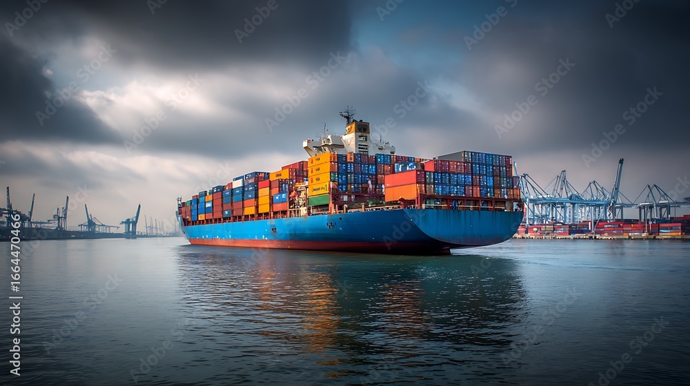 Poster cargo ship transporting containers at sea near a busy port with cranes and colorful containers under
