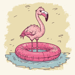 Cute cartoon flamingo on a pink inflatable ring