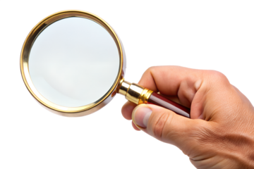 A hand holding a magnifying glass for search, research, and investigation isolated on transparent background