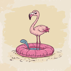 Cute cartoon flamingo on a pink inflatable ring