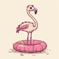 Cute cartoon flamingo on a pink inflatable ring