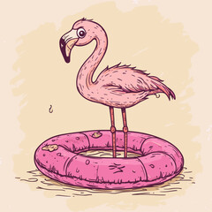 Cute cartoon flamingo on a pink inflatable ring