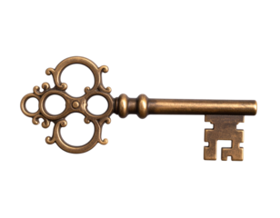  Ornate Vintage Skeleton Key with Detailed Scrollwork in Bronze Finish, isolated on transparent background PNG