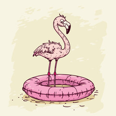 Cute cartoon flamingo on a pink inflatable ring