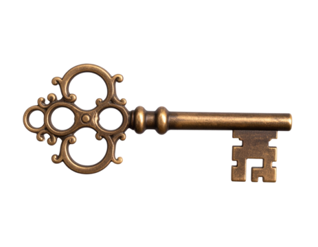  Ornate Vintage Skeleton Key with Detailed Scrollwork in Bronze Finish, isolated on transparent background PNG