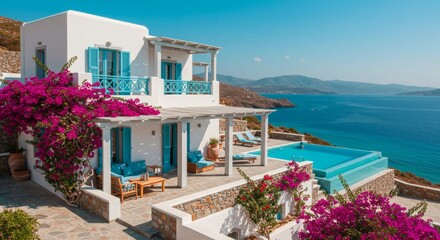 Fototapeta premium Greek Island Villa with Infinity Pool, Blue Shutters and Panoramic Aegean Sea View