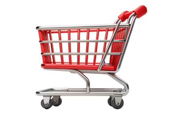 Red shopping cart with chrome frame isolated on transparent background for retail and ecommerce promotion, marketing and advertising