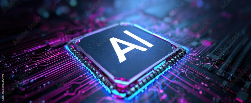 Aufkleber the ai microchip illuminated on a futuristic neon circuit board symbolizing intelligent computing