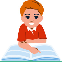 Smiling boy reading a book and pointing at the text