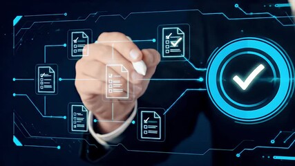 Hand interacts with digital interface showing document checklist and approval process Futuristic technology for efficient workflow management and task completion - Powered by Adobe