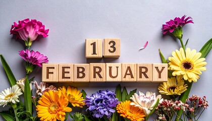 Wooden Blocks with Date 13 February. Floral Calendar – Vibrant Flowers on Solid Colored Background