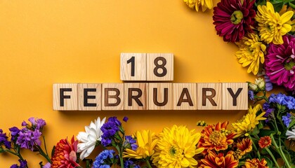 Wooden Blocks with Date 18 February. Floral Calendar – Vibrant Flowers on Solid Colored Background
