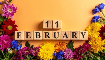 Wooden Blocks with Date 11 February. Floral Calendar – Vibrant Flowers on Solid Colored Background