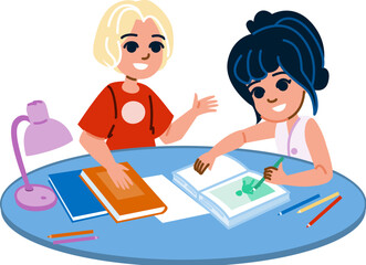 Two smiling school kids studying together at home doing homework