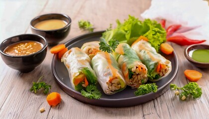 Spring rolls filled with chicken, spinach, carrots and rice noodles, served with peanut sauce