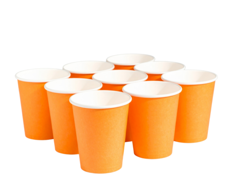 Stack of orange takeaway paper cups with white inside isolated on transparent background PNG