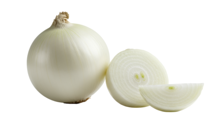 Fresh whole white onion & precise quarter slice revealing intricate concentric layers, light green core, on transparent studio background, symbolizing deep analysis, structure