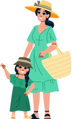 Mother and daughter wearing summer hats and dresses enjoying vacation