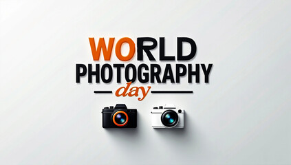 Celebrate world photography day with iconic cameras artistic typography and a modern light gray background setting