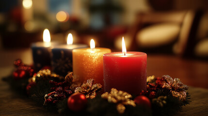 Colorful Christmas candles on a festive wreath
