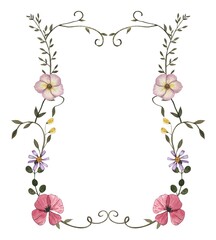 Wreath with watercolor pressed dried flowers and dark green leaves. Isolated on white background