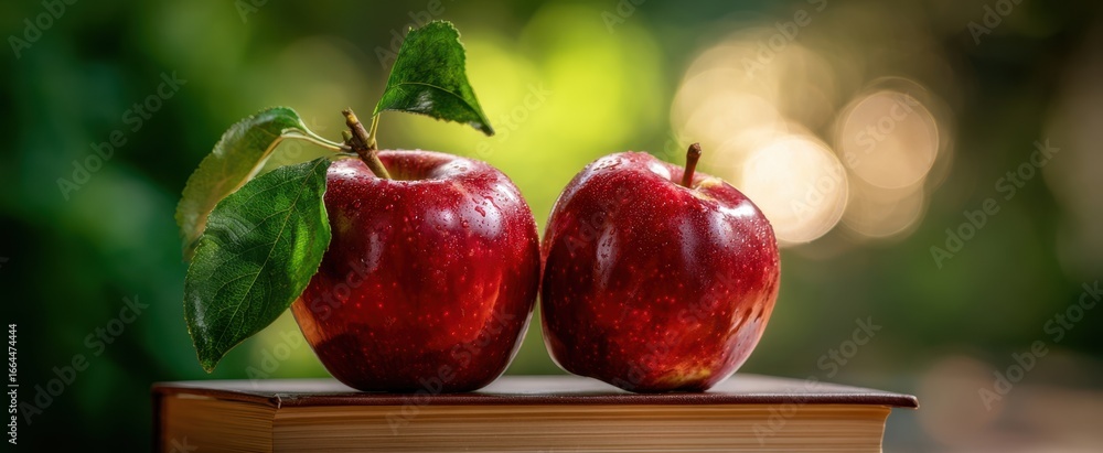 Poster the apples resting on a closed book with dew drops and soft bokeh