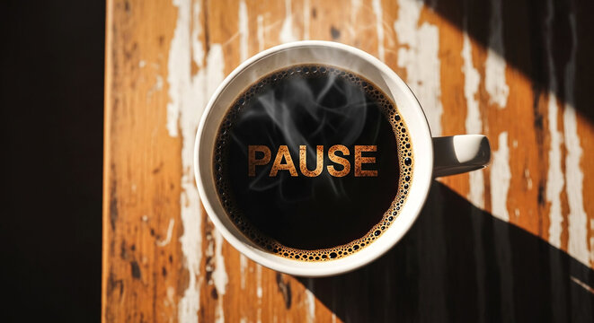 Enjoy a comforting cup of hot coffee with the word pause visible on the surface steam perfect for taking a moment of relaxation.