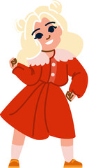 Smiling blond girl dancing wearing red dress and jacket