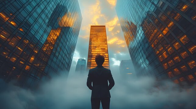 Silhouetted entrepreneur stands before a surreal cityscape of towering skyscrapers reflecting the cloudy horizon
