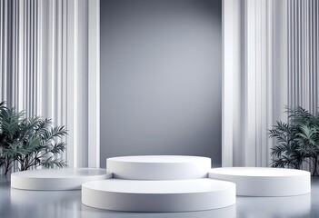 Fototapeta premium Minimalist podium scene featuring three white empty platforms or stages arranged in a row for product advertising or presentation