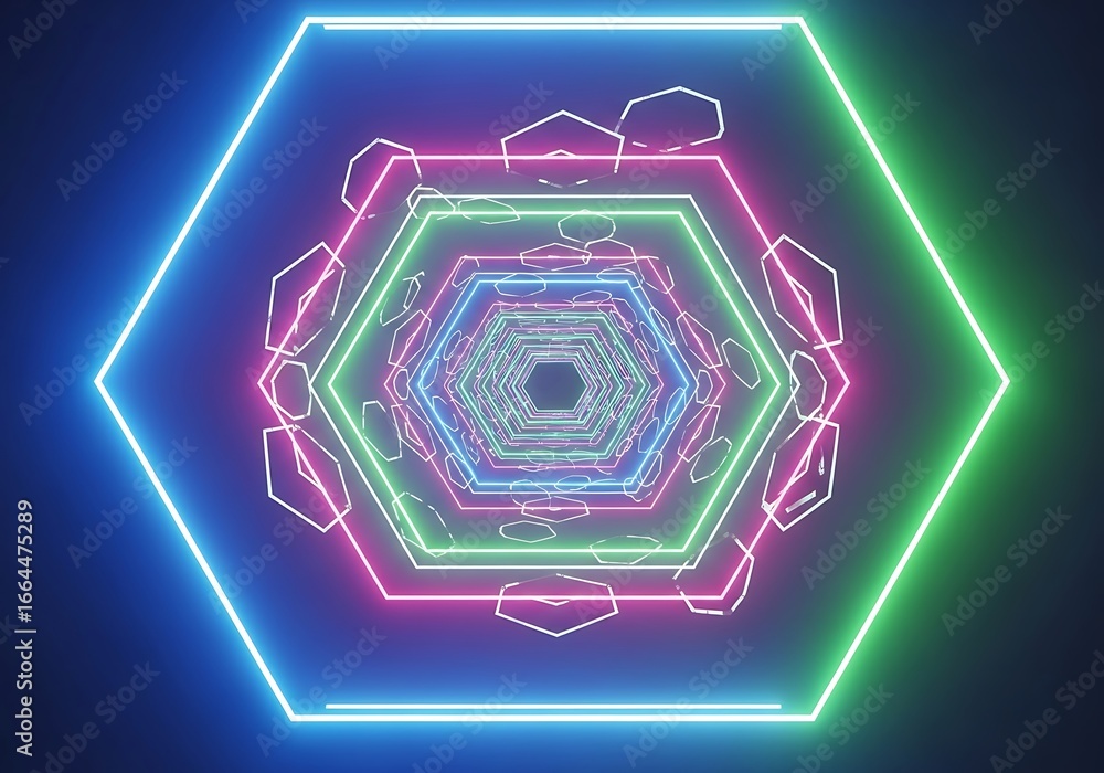 Aufkleber Vibrant Hexagonal Tunnel: A mesmerizing display of neon lights converging towards an abstract focal point creating